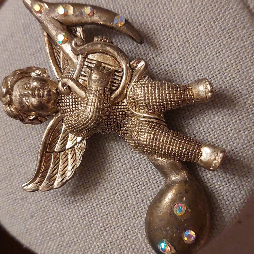 Two Vintage Angel Brooches Cherub with Harp AB Rhinestones Precious Moments PMI - Picture 6 of 12